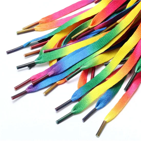 Moda grátis amostra tubular arco-íris capuzes corda tintura sublimação impressa cadarço plano com pontas transparentes de plástico