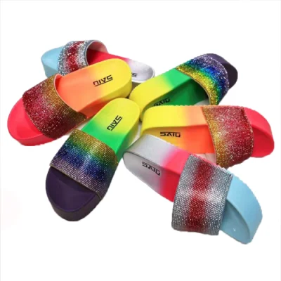 Superstarer multicolorido feminino plataforma slide chinelo pvc arco-íris strass bling sandálias causal slides chinelos para senhoras
